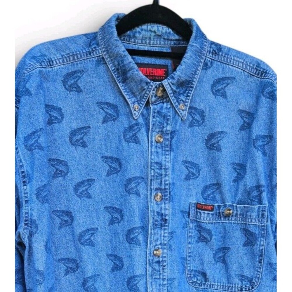 Vintage Wolverine Boots & Gear Denim Button Front Shirt Mens Large Blue Cotton